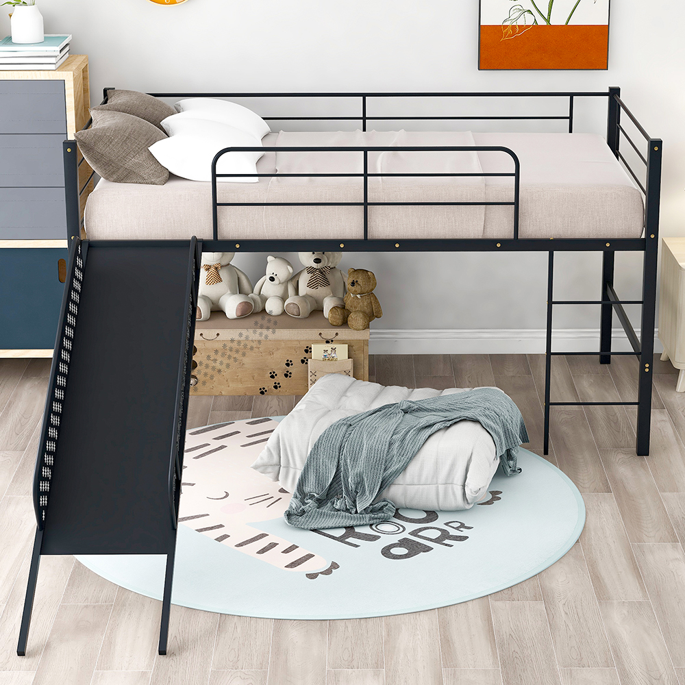 Twin-Size Loft Bed Frame with Ladder, Slide, and Metal Slats Support, for Kids, Teens, Boys, Girls (Frame Only) - Black