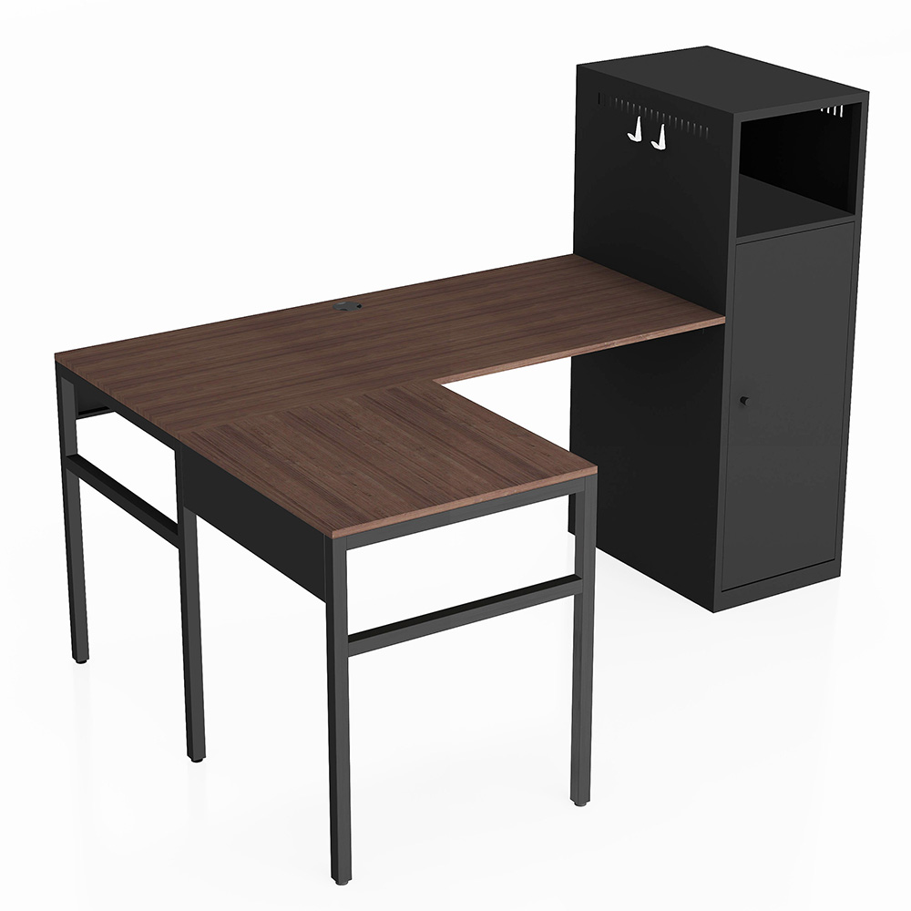 Home Office L-shaped Computer Desk with Metal Storage Cabinet and MDF Tabletop, for Game Room, Office, Study Room - Black