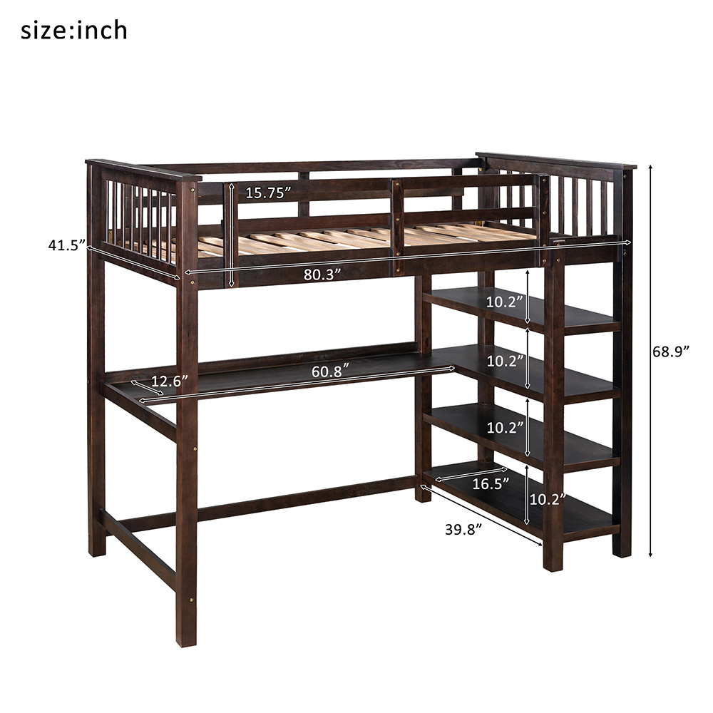 Twin-Size Loft Bed Frame with Desk, Storage Shelves, Ladder, and Wooden Slats Support, for Kids, Teens, Boys, Girls (Frame Only) - Espresso