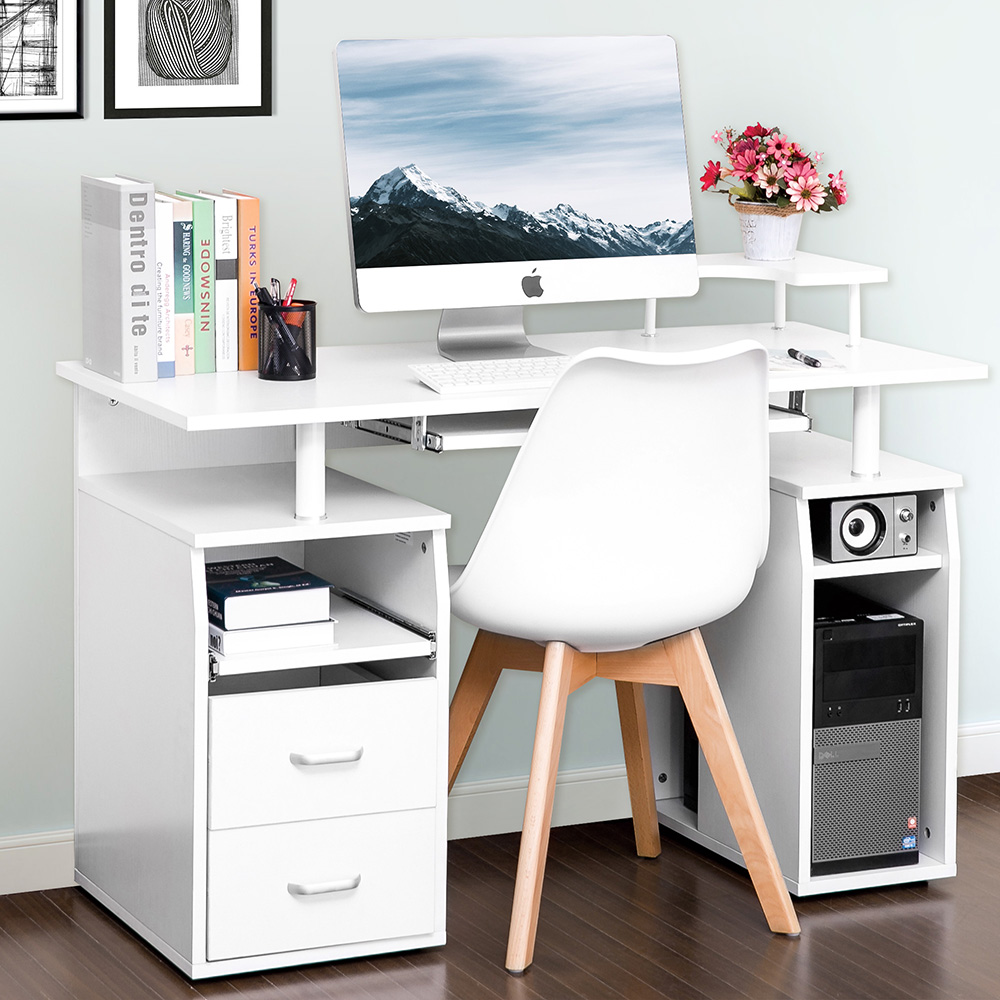 Home Office Computer Desk with Pull-Out Keyboard Tray and Storage Drawers, for Game Room, Office, Study Room - White
