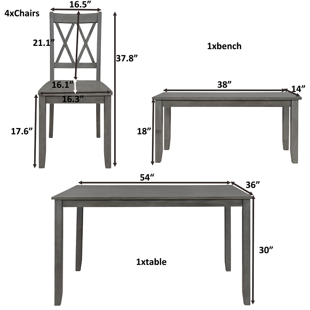 TOPMAX 6 Piece Farmhouse Rustic Wooden Dining Set, Including 1 Table, 1 Bench, and 4 Chairs with Cross Back, for Small Apartment, Studio, Kitchen - Gray Wash