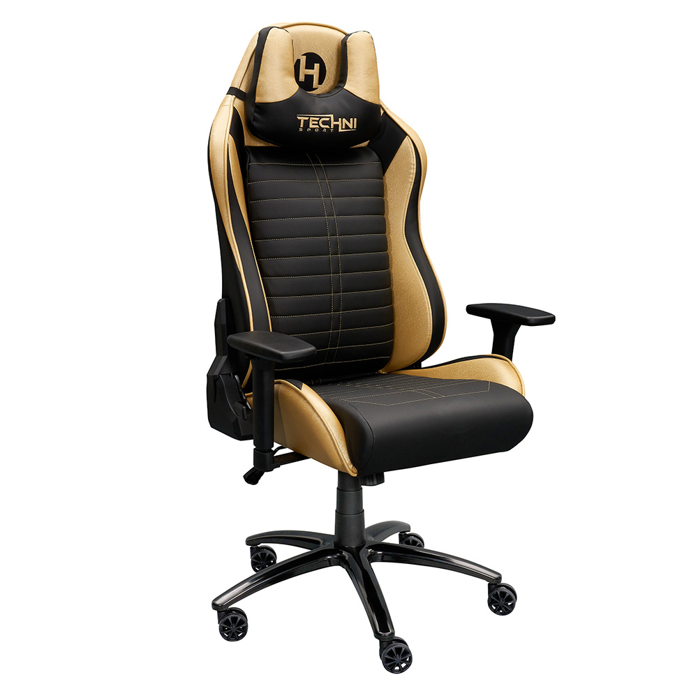 Techni Home Office PU Leather Adjustable Rotatable Gaming Chair with Ergonomic High Backrest and Casters - Gold
