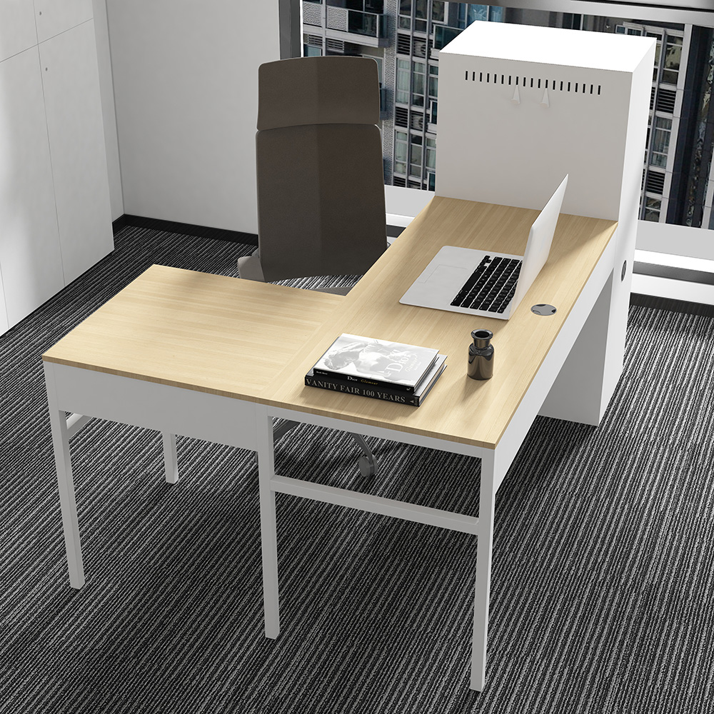 Home Office L-shaped Computer Desk with Metal Storage Cabinet and MDF Tabletop, for Game Room, Office, Study Room - White