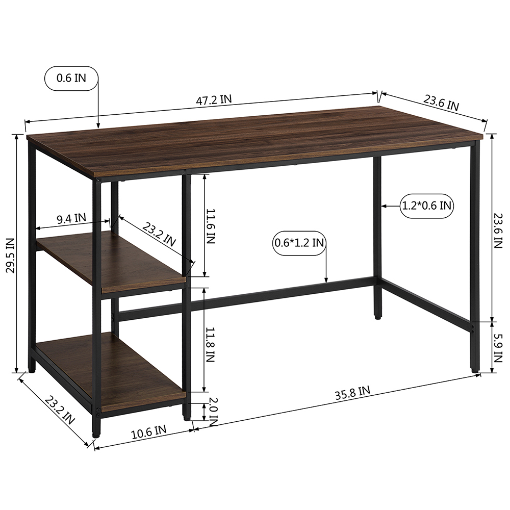 Home Office 47" Computer Desk with 2-Layer Storage Shelf, Wooden Tabletop and Metal Frame, for Game Room, Office, Study Room - Walnut