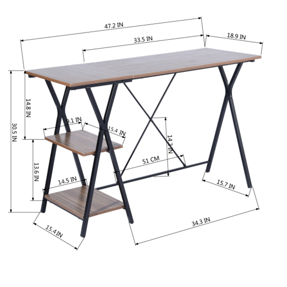 Home Office 47.2"L Computer Desk with 2-Layer Storage Shelf, Wooden Tabletop and Metal Frame, for Game Room, Office, Study Room - Brown