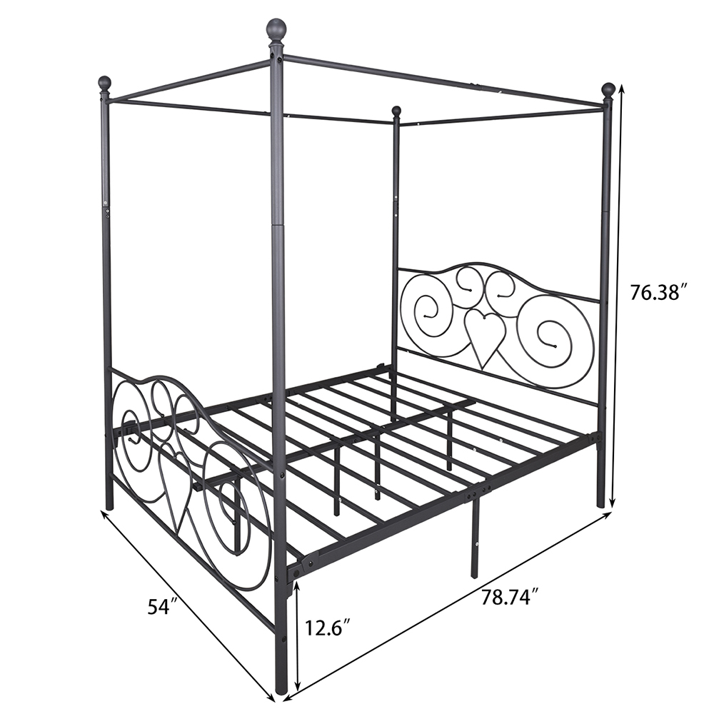 Full-Size Metal Canopy Bed Frame with 4 Pillars and Metal Slats Support, No Box Spring Needed (Only Frame) - Black
