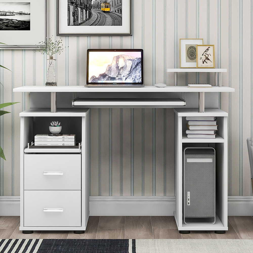 Home Office Computer Desk with Pull-Out Keyboard Tray and Storage Drawers, for Game Room, Office, Study Room - White