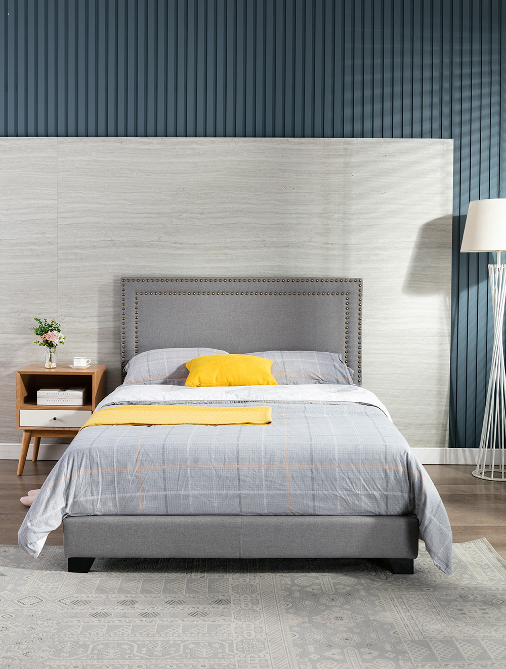 Full-Size Upholstered Platform Bed Frame with Height-Adjustable Headboard and Wooden Slats Support, Box Spring Needed (Only Frame) - Gray