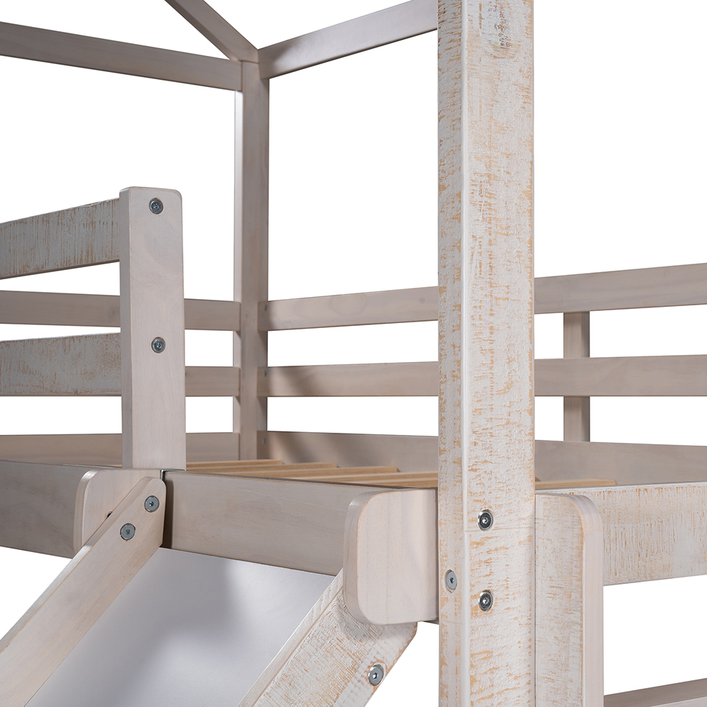 Twin-Over-Twin Size House-shaped Bunk Bed Frame with 2 Storage Drawers, Slide, Ladder, and Wooden Slats Support, No Spring Box Required, for Kids, Teens (Frame Only) - White