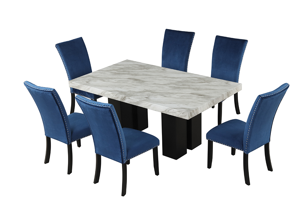 7 Piece Faux Marble Dining Table Set with 6 Velvet Chairs for Kitchen, Living Room, Bar, Restaurant - Blue