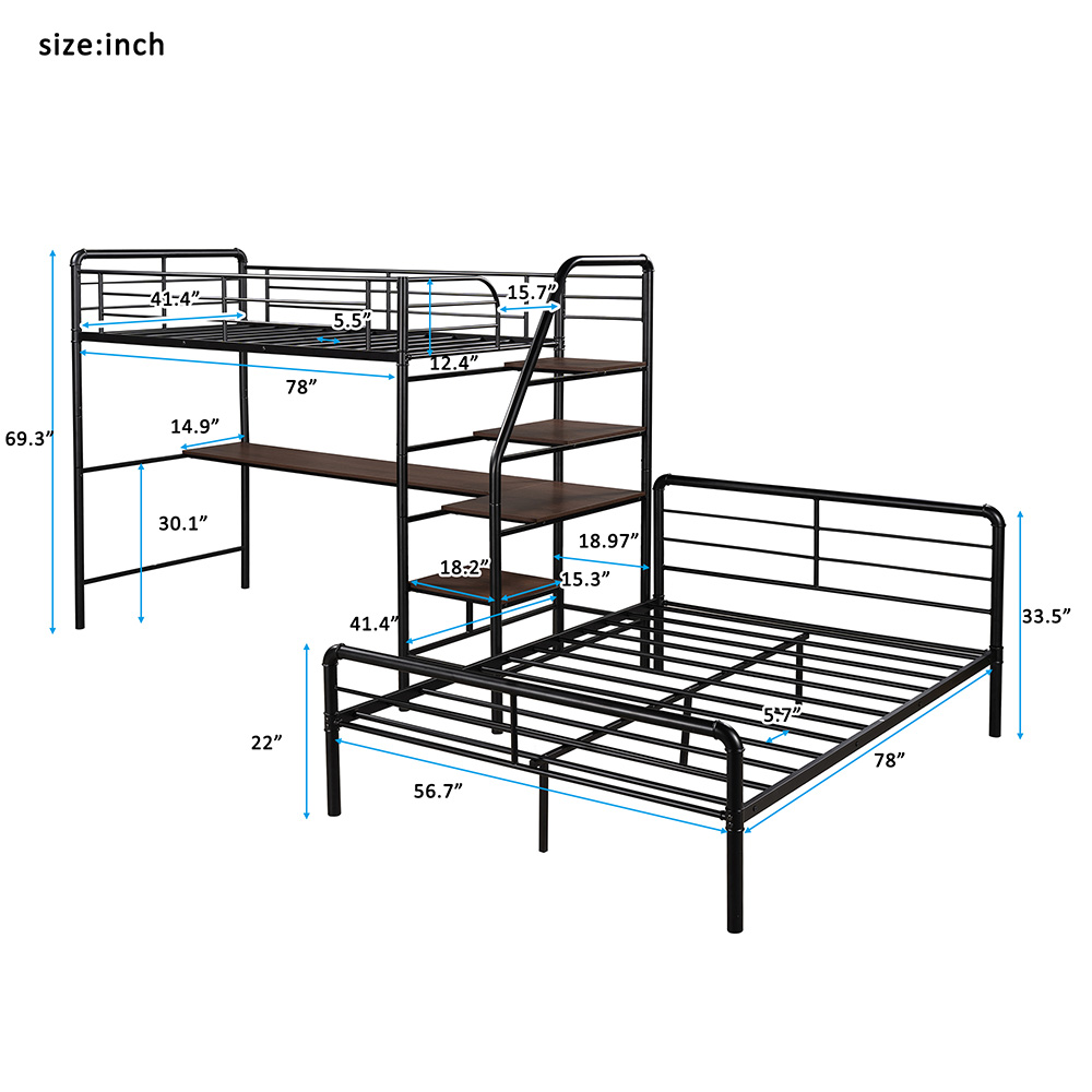 Twin-Over-Full Size Bunk Bed Frame with Ladder, Desk, and Metal Slats Support, No Spring Box Required (Frame Only) - Black