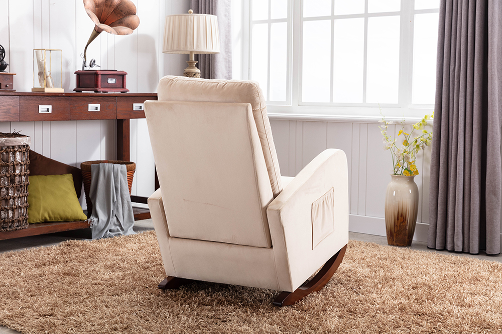 Velvet Upholstered Rocking Chair with Solid Wood Base and High Backrest, for Living Room, Bedroom, Dining Room, Nursery - Beige