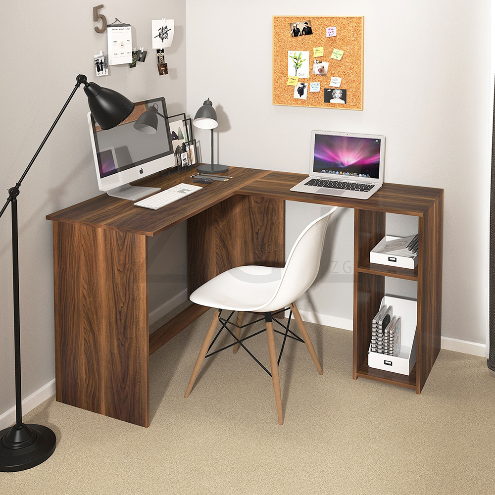 Home Office L-Shaped Corner Computer Desk with 2-Layer Storage Shelf and Wooden Frame, for Game Room, Office, Study Room - Light Brown