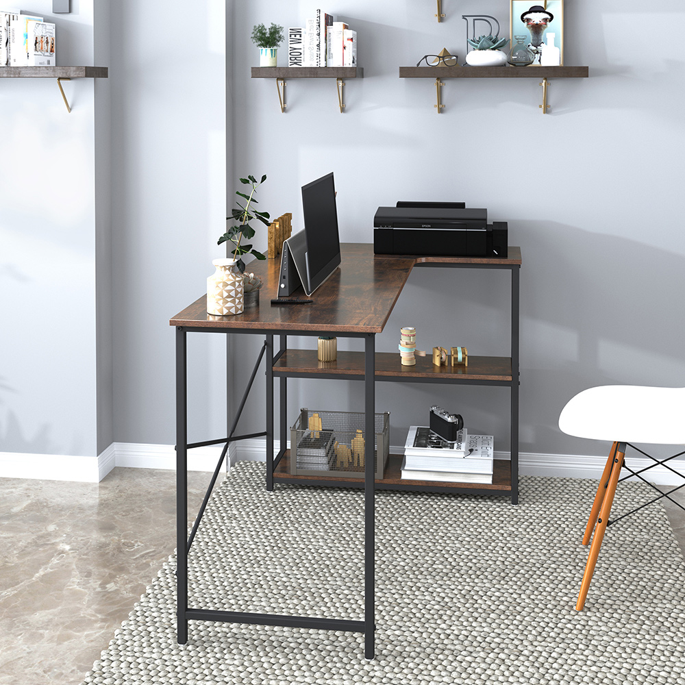 Home Office L-Shaped Computer Desk with 3-Layer Storage Shelf, Wooden Tabletop and Metal Frame, for Game Room, Office, Study Room - Brown