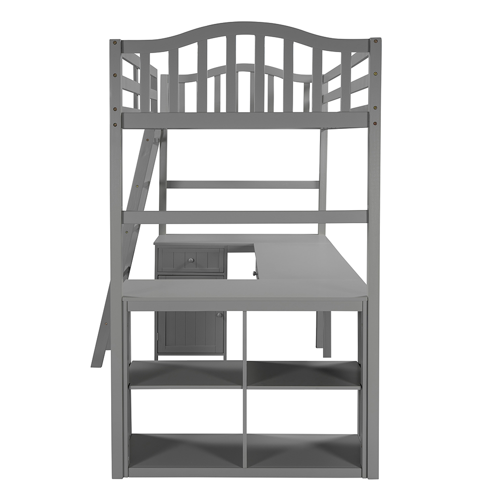 Twin-Size Loft Bed Frame with Desk, Storage Drawers,  Cabinet, Shelves, Ladder, and Wooden Slats Support, for Kids, Teens, Boys, Girls (Frame Only) - Gray