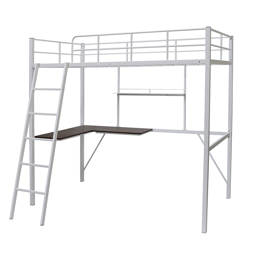 TwinSize Loft Bed Frame with Ladder, Desk, Storage Shelf White