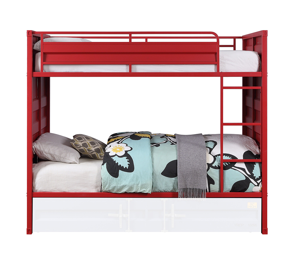 ACME Cargo Twin-Over-Twin Size Bunk Bed Frame With Trundle Bed, And Metal Slats Support, No Spring Box Required, For Kids, Teens (Frame Only) - Red 3 ACME Cargo Twin-Over-Twin Size Bunk Bed Frame with Trundle Bed, and Metal Slats Support, No Spring Box Required, for Kids, Teens (Frame Only) - Red