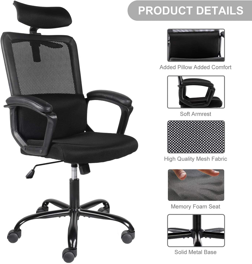 Home Office Adjustable Task Chair with Ergonomic Mesh Backrest and Padding Armrests - Black
