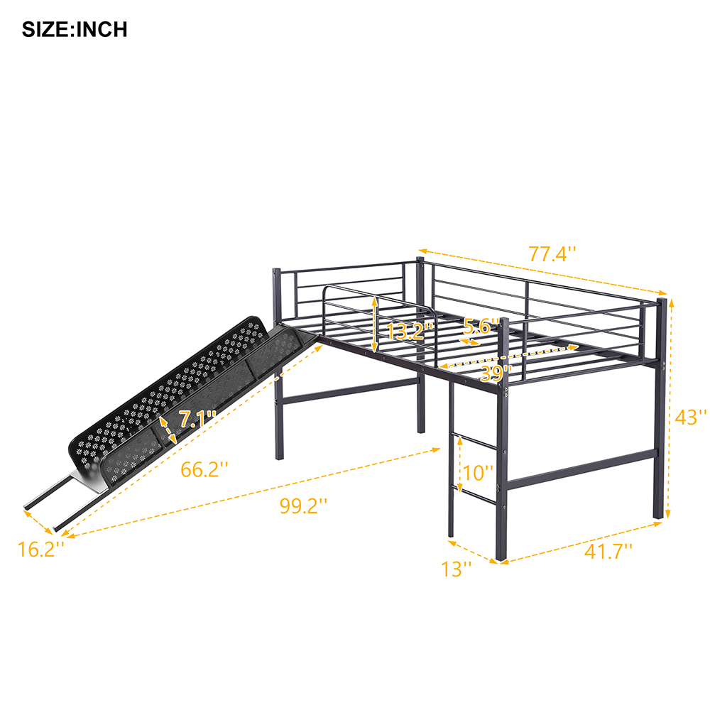 Twin-Size Loft Bed Frame with Ladder, Slide, and Metal Slats Support, for Kids, Teens, Boys, Girls (Frame Only) - Black