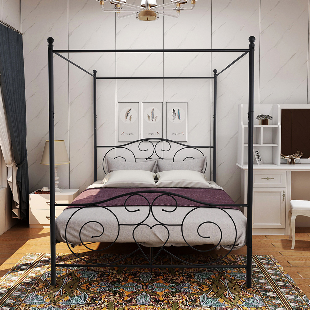 QueenSize Metal Canopy Bed Frame with 4 Pillars Black