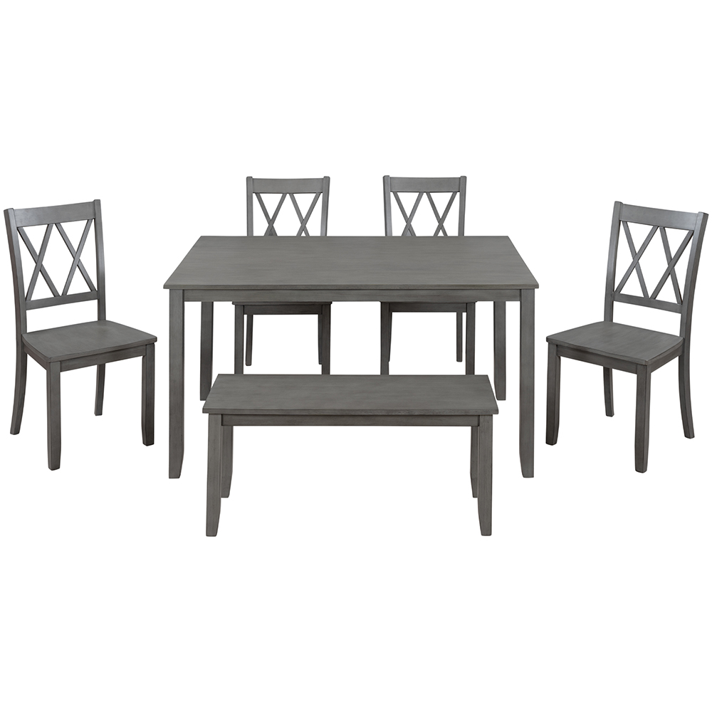 TOPMAX 6 Piece Farmhouse Rustic Wooden Dining Set, Including 1 Table, 1 Bench, and 4 Chairs with Cross Back, for Small Apartment, Studio, Kitchen - Gray Wash