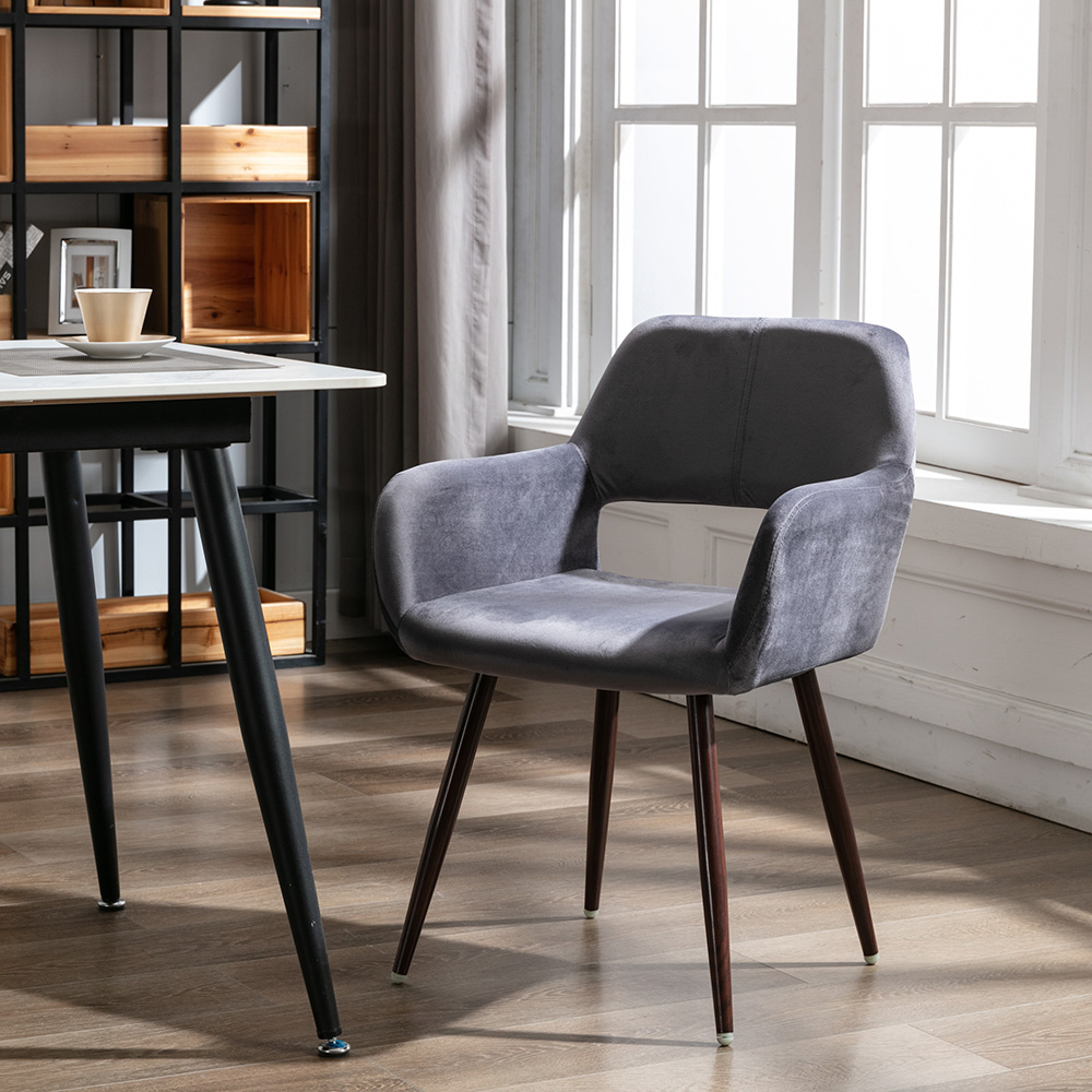 HengMing Velvet Upholstered Dining Chair, with Curved Backrest, and Metal Legs, for Restaurant, Cafe, Tavern, Office, Living Room - Gray