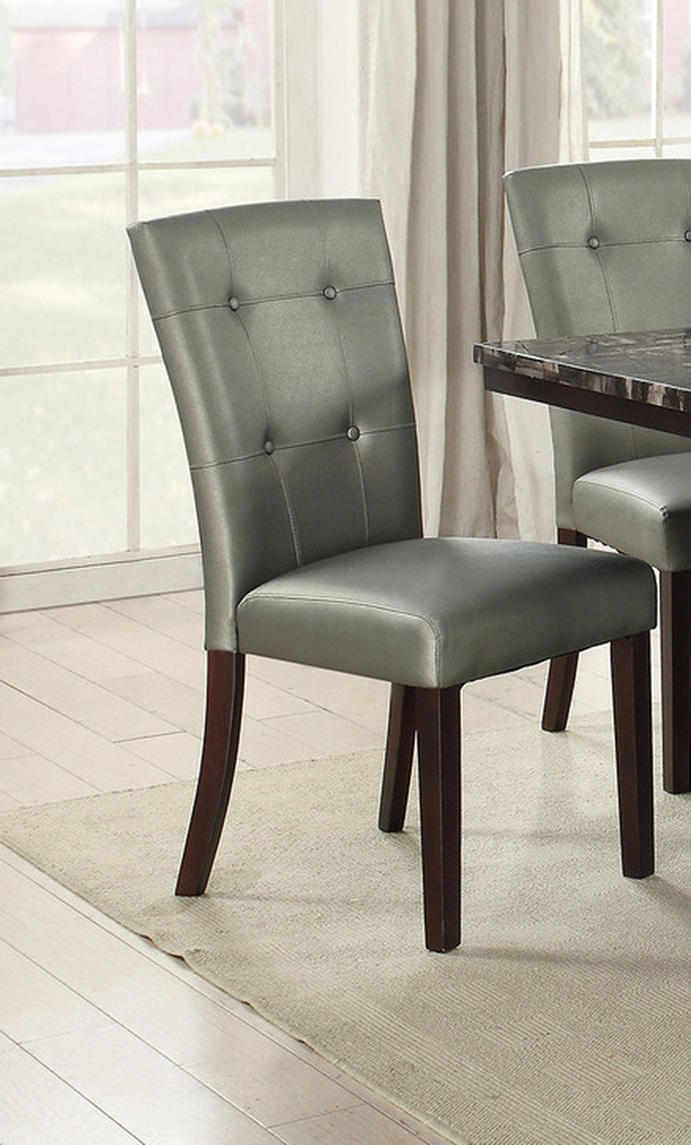 Faux Leather Upholstered Dining Chair Set of 2, with Tufted Backrest, and Wooden Legs, for Restaurant, Cafe, Tavern, Office, Living Room - Silver