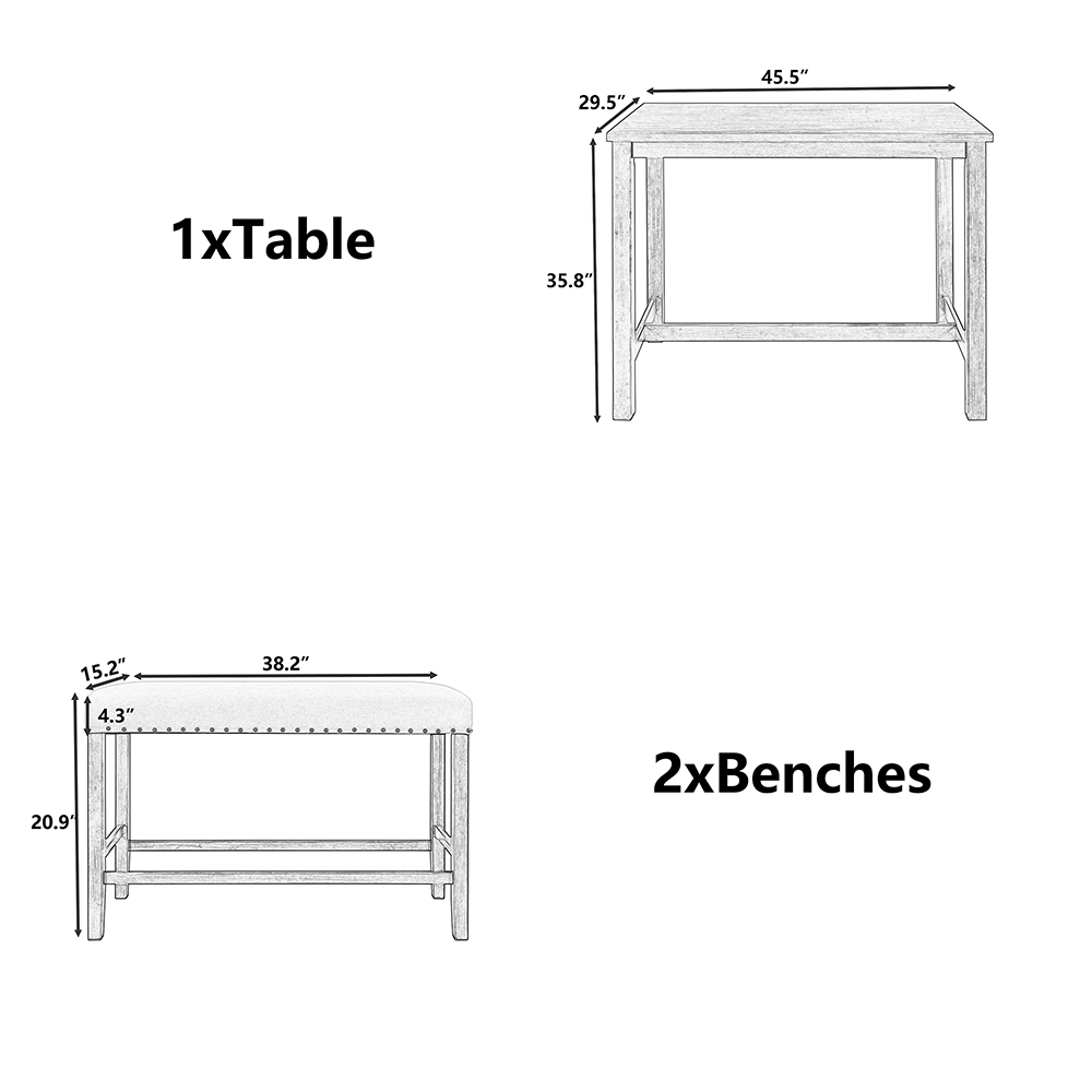 TOPMAX 3 Pieces Rustic Wooden Counter Height Dining Table Set with 2 Upholstered Benches, for Small Places - Espresso + Beige