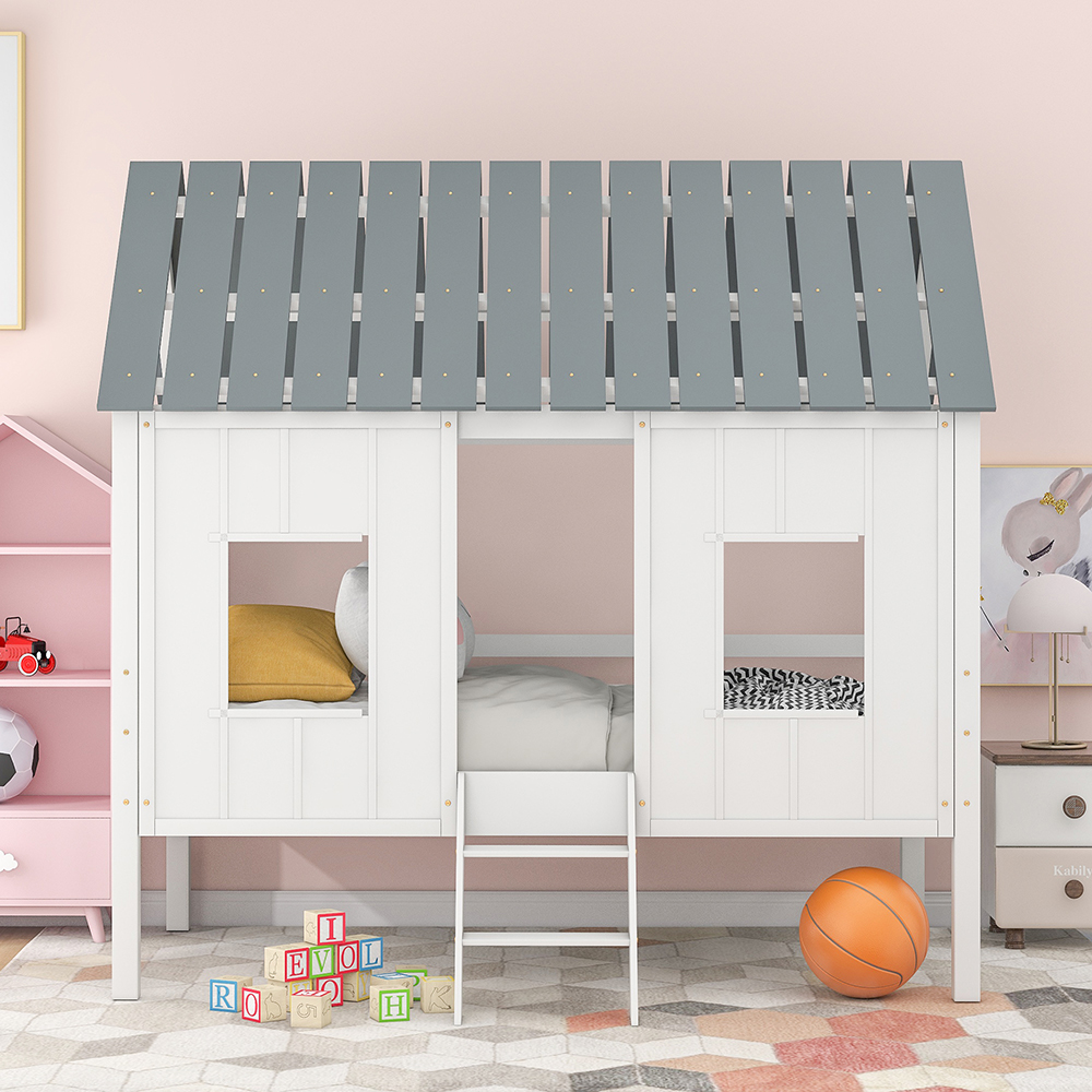 Twin-Size House-shaped Loft Bed Frame with Roof, 2 Front Windows, and Wooden Slats Support, for Kids, Teens, Boys, Girls (Frame Only) - White