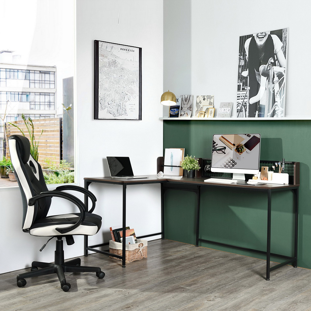 Home Office L-Shaped Corner Computer Desk with Wooden Tabletop and Metal Frame, for Game Room, Office, Study Room - Black