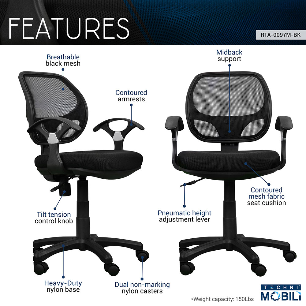 Techni Home Office Mesh Adjustable Rotatable Chair With Ergonomic Backrest And Nylon Base - Black 9 Techni Home Office Mesh Adjustable Rotatable Chair with Ergonomic Backrest and Nylon Base - Black