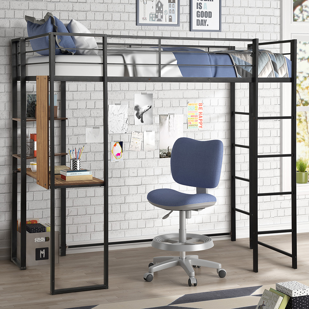 Twin-Size Loft Bed Frame with Desk, Storage Shelves, Ladder, and Metal Slats Support, for Kids, Teens, Boys, Girls (Frame Only) - Black