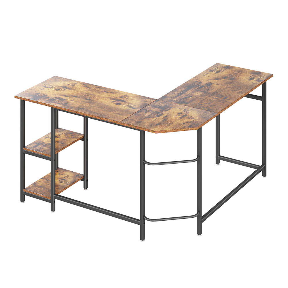 Home Office L-Shaped Computer Desk with Wooden Tabletop and Metal Frame, for Game Room, Office, Study Room - Brown