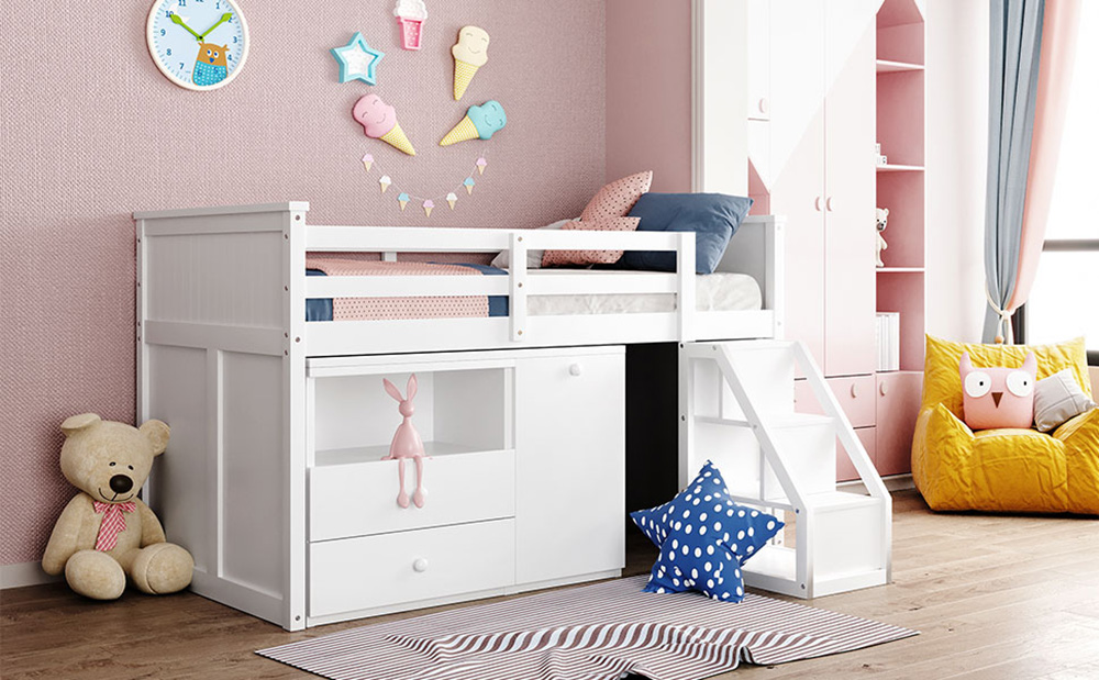 Twin-Size Loft Bed Frame with Desk, Storage Drawers, and Wooden Slats Support, for Kids, Teens, Boys, Girls (Frame Only) - White