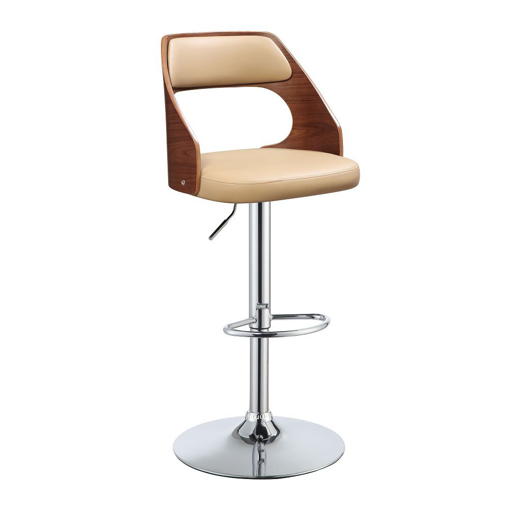 ACME Camila PU Upholstered Adjustable Stool with Curved Backrest, and Metal Frame, for Restaurant, Cafe, Tavern, Office, Living Room - Beige + Walnut