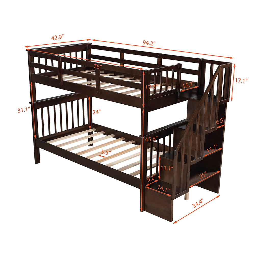 Twin-Over-Twin Size Bunk Bed Frame with Storage Stairs Espresso