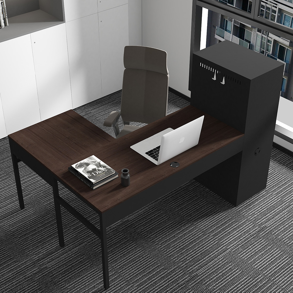 Home Office L-shaped Computer Desk with Metal Storage Cabinet and MDF Tabletop, for Game Room, Office, Study Room - Black