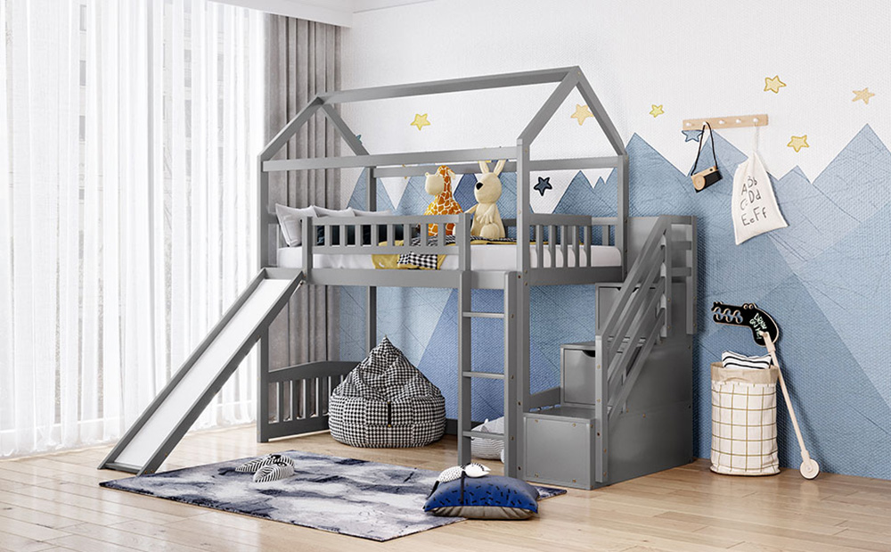 Twin Size House Shaped Loft Bed Frame, Twin Loft Bed With Storage And Slide