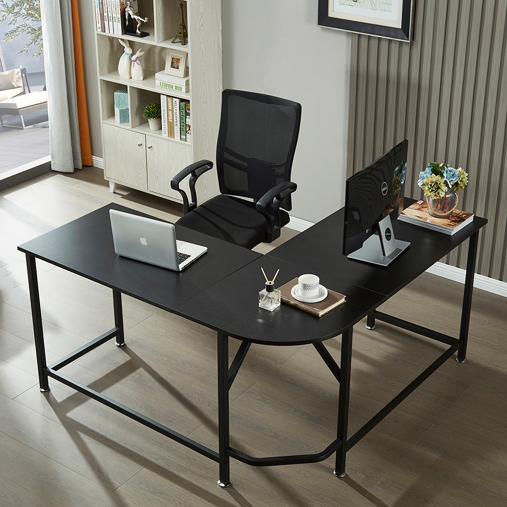 Home Office 59" L-Shaped Computer Desk with MDF Tabletop and Metal Frame, for Game Room, Office, Study Room - Black