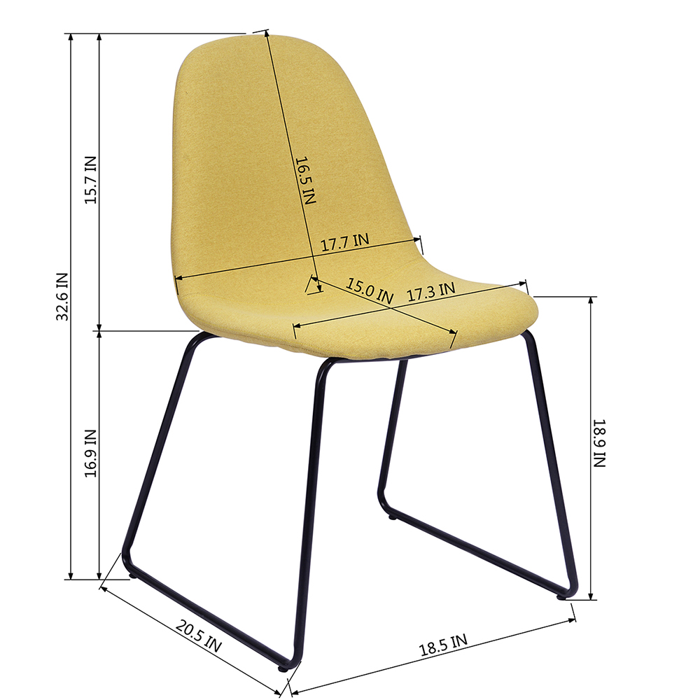 Fabric Upholstered Dining Chair Set of 4, with Curved Backrest, and Metal Legs, for Restaurant, Cafe, Tavern, Office, Living Room - Yellow