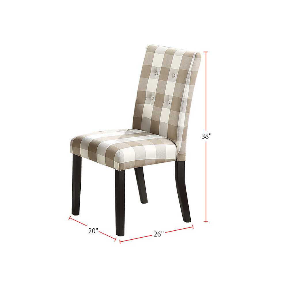 Grid Patterned Fabric Upholstered Dining Chair Set of 2, with High Backrest, and Wood Legs, for Restaurant, Cafe, Tavern, Office, Living Room - Beige