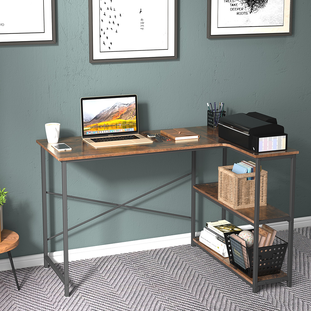 Home Office L-Shaped Computer Desk with 3-Layer Storage Shelf, Wooden Tabletop and Metal Frame, for Game Room, Office, Study Room - Brown