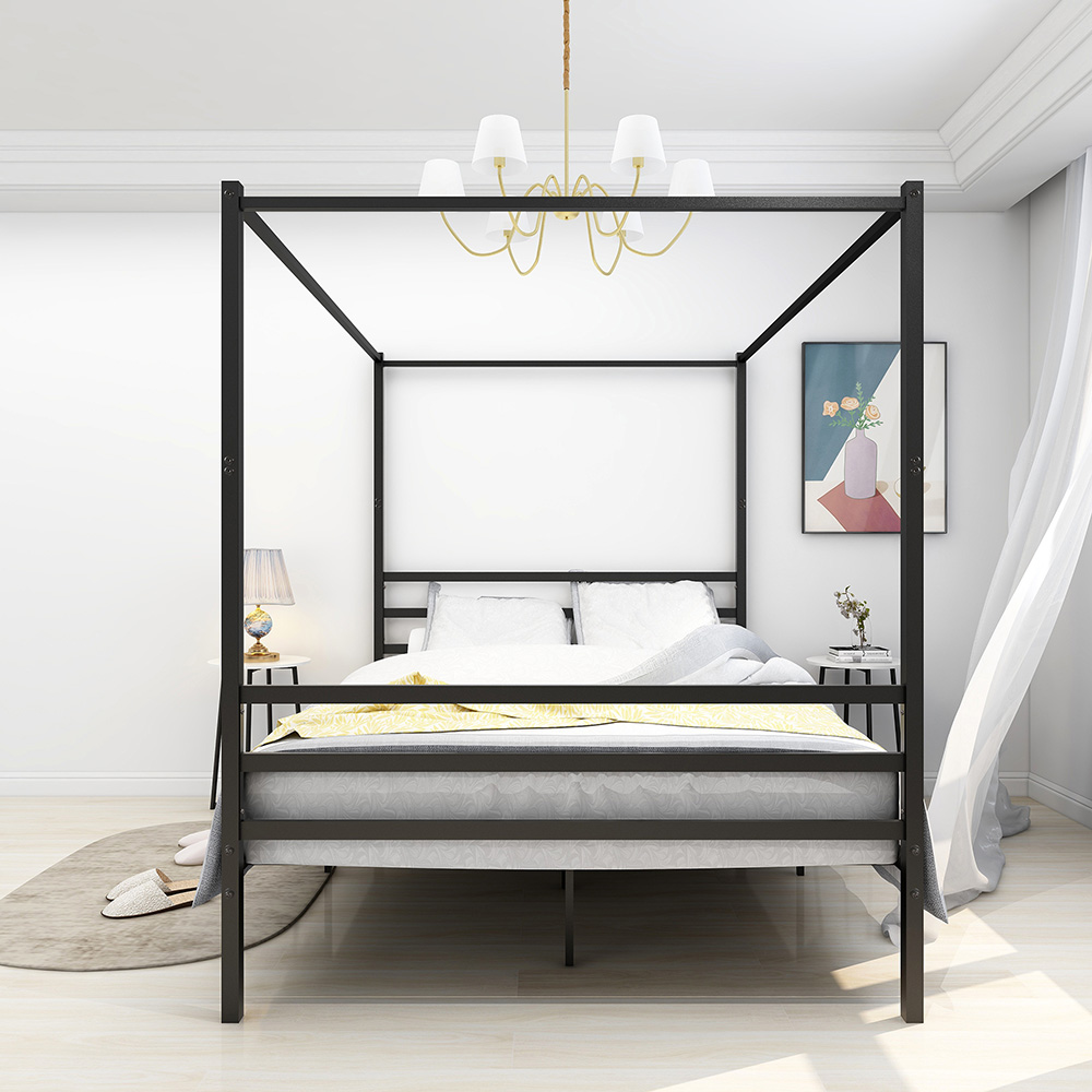 QueenSize Canopy Platform Bed Frame with 4 Pillars Black