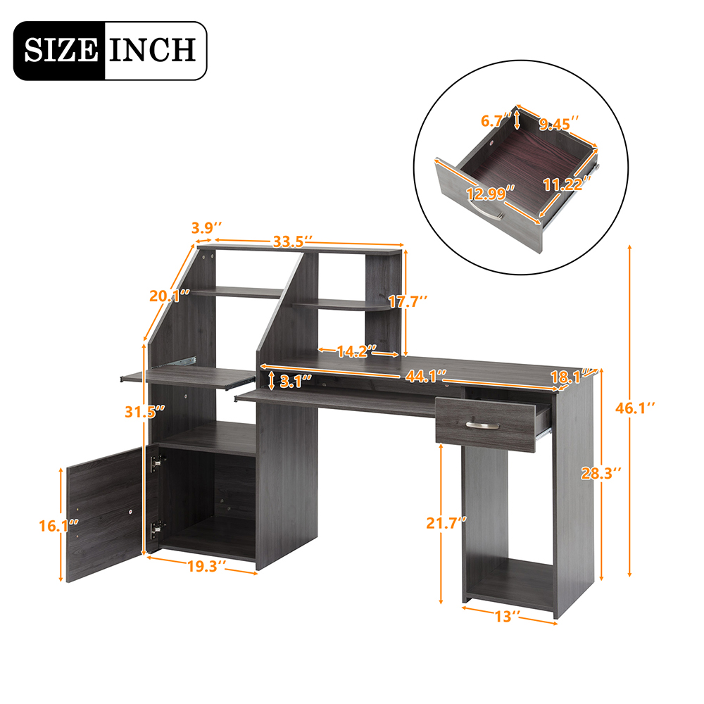 Home Office Computer Desk with Storage Cabinet and Pull-Out Keyboard Tray, for Game Room, Office, Study Room - Gray