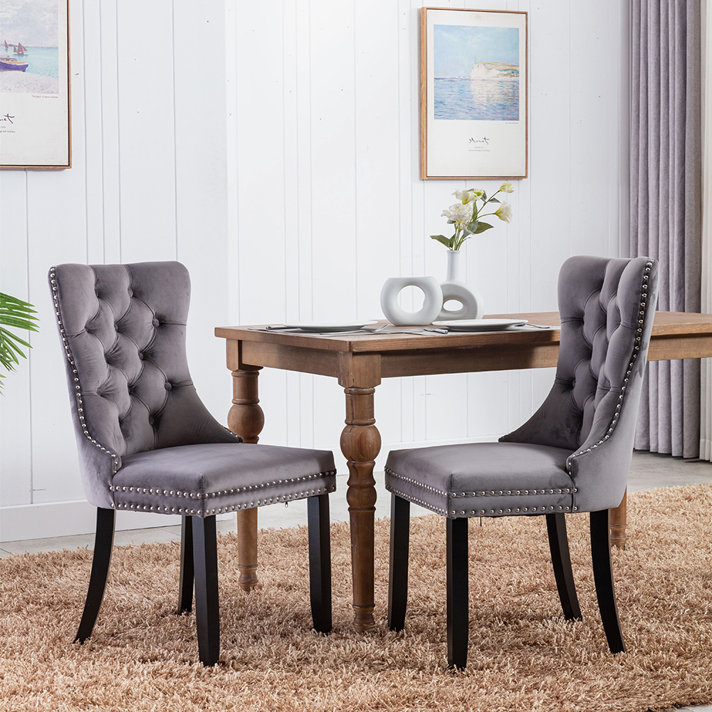 Velvet Upholstered Dining Chair Set of 2, with Tufted Backrest, and Wood Legs, for Restaurant, Cafe, Tavern, Office, Living Room - Gray