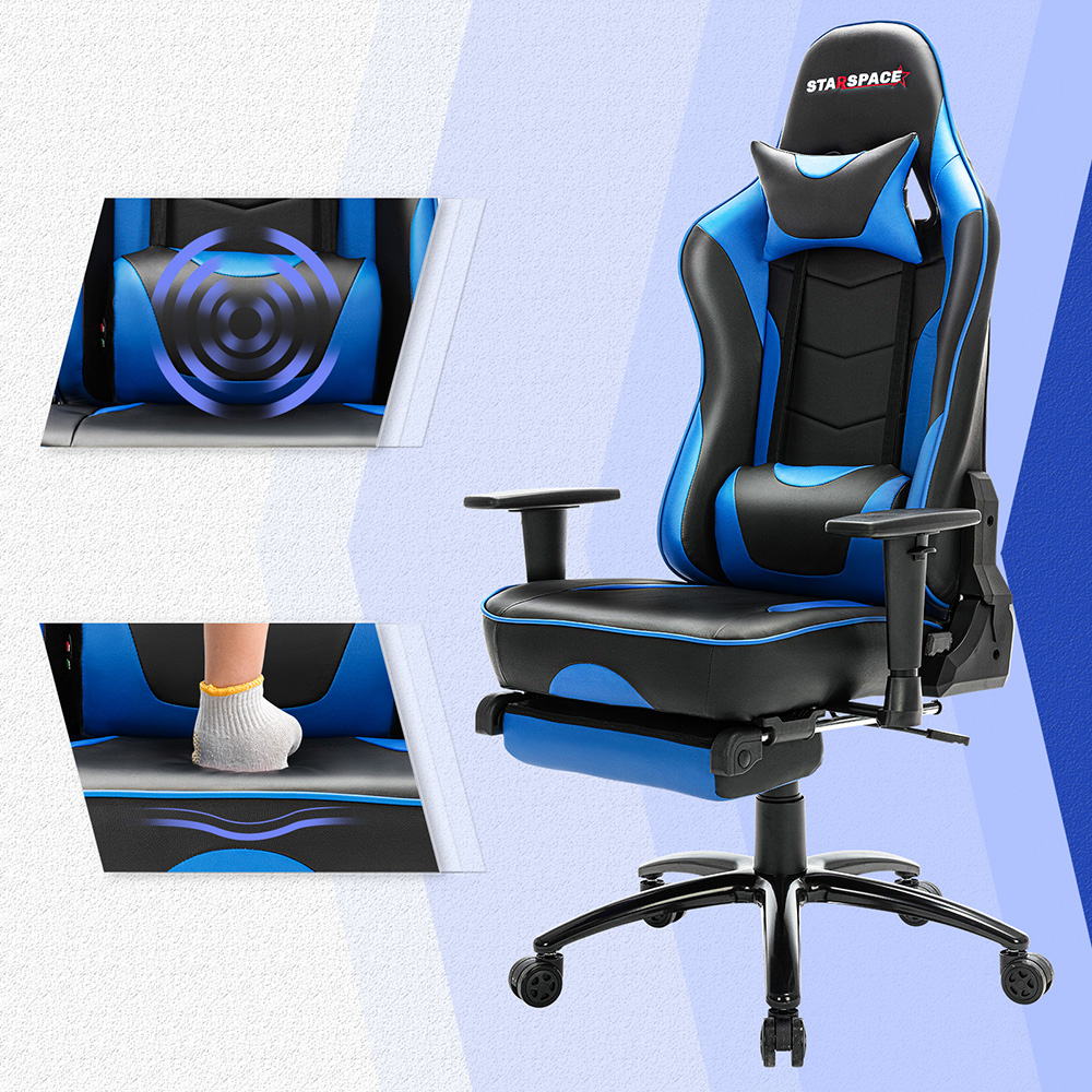 STARSPACE Home Office PU Leather Rotatable Massage Gaming Chair Height Adjustable with Ergonomic High Backrest and Footrest - Blue
