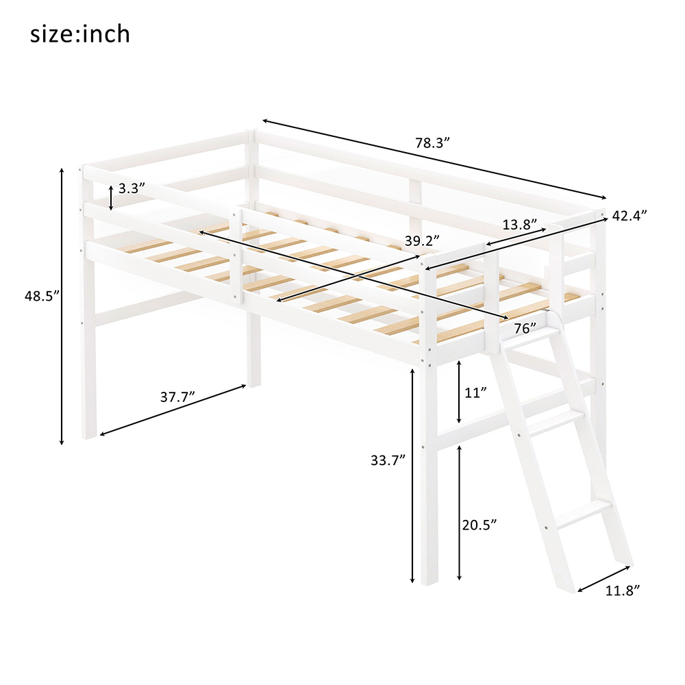 Twin-Size Loft Bed Frame with Ladder, and Wooden Slats Support, for Kids, Teens, Boys, Girls (Frame Only) - White