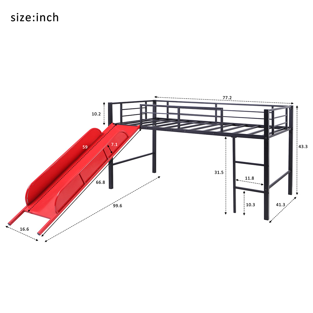 Twin-Size Loft Bed Frame with Slide, Ladder, and Metal Slats Support, for Kids, Teens, Boys, Girls (Frame Only) - Black + Red