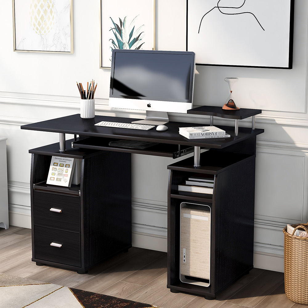 Home Office Computer Desk with Pull-Out Keyboard Tray and Storage Drawers, for Game Room, Office, Study Room - Black