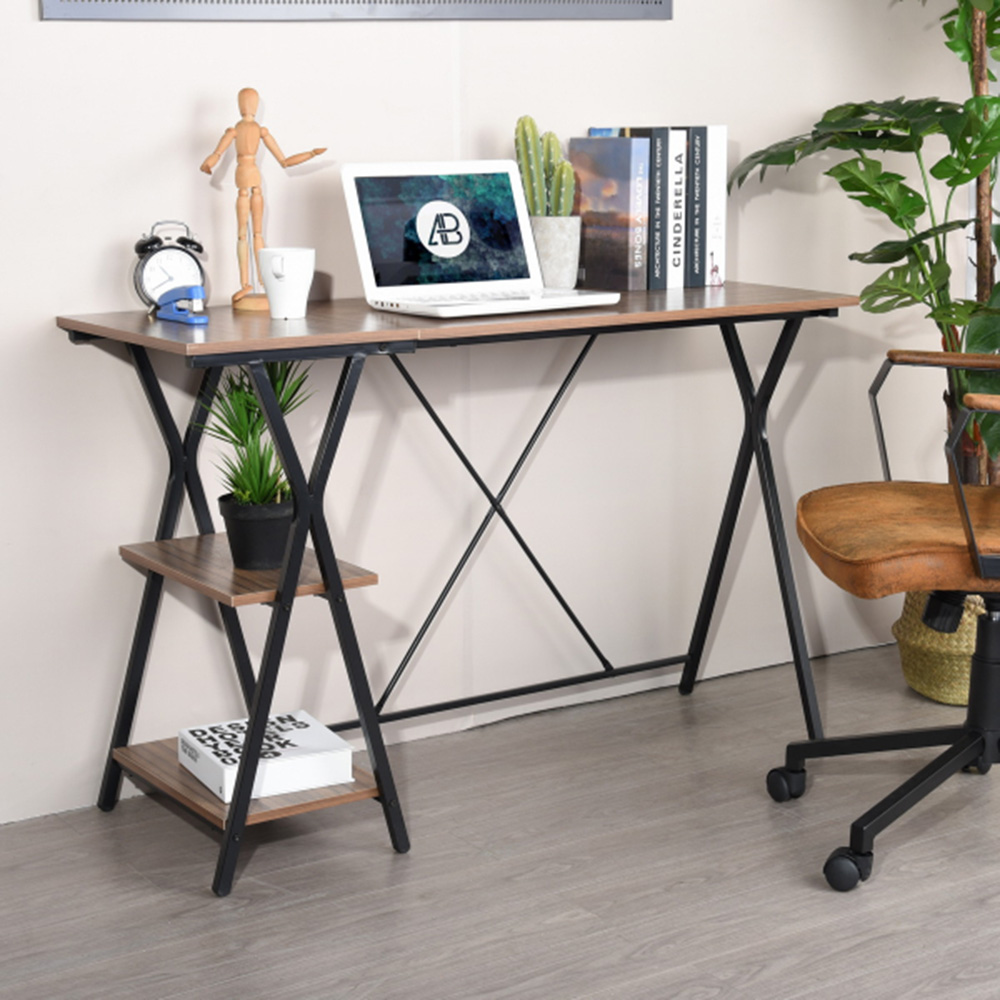 Home Office 47.2"L Computer Desk with 2-Layer Storage Shelf, Wooden Tabletop and Metal Frame, for Game Room, Office, Study Room - Brown